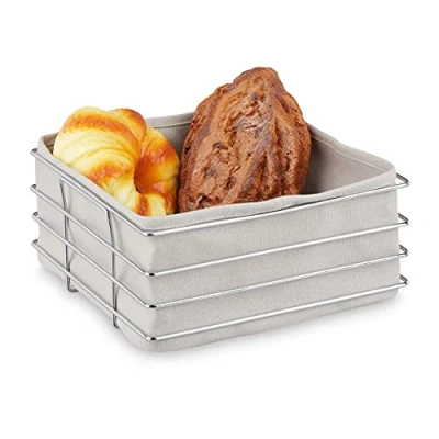 Imagen de Relaxdays Cesta Pan Metal, Forro Tela, Panadera Moderna, Cesto Panadero Acero Inoxidable, 10,5 x 23 cm, Color Gris