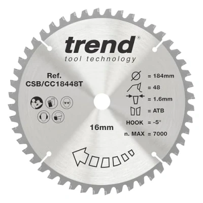 Imagen de Trend CraftPro Hoja de sierra TCT corte transversal con gancho negativo, 184 mm diámetro x 48 dientes 16 interior, punta carburo tungsteno, CSB/CC18448T
