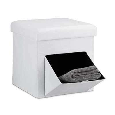 Imagen de Relaxdays Taburete Almacenaje, Puff Asiento Almacenamiento, Reposapiés, Tapa y Puerta, Lino, 1 Ud, 38 x cm, Blanco, Gomaespuma
