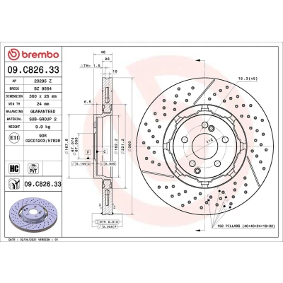 Imagen de BREMBO 09.C826.33 disco de freno 360 26 5 ventilación interna, ranurado/perforado, dos piezas revestido altamente carbonizado