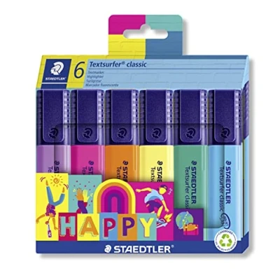 Imagen de Staedtler Resaltador Textsurfer Classic, Happy Colours, gran almacenamiento de tinta, larga duración y vida útil, secado rápido, punta 1 5 mm, 6 rotuladores en estuche cartón, 364 C6 HA