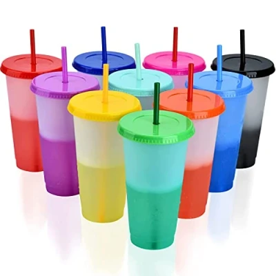 Imagen de PALUDO 10 Piezas Vasos de Plástico Reutilizables con Pajita y Tapa, 710ml Copas Plastico que Cambian Colors, Taza Viaje Colores para Niños Adultos Fiestas