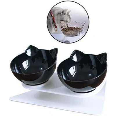 Imagen de Linseray Cuenco del Gato, 2 in 1 Tazón Doble 15 Inclinación Antideslizante Comedero para Mascotas,Cuenco Elevado Alimentos Comederos Perros Gatos (Negro)