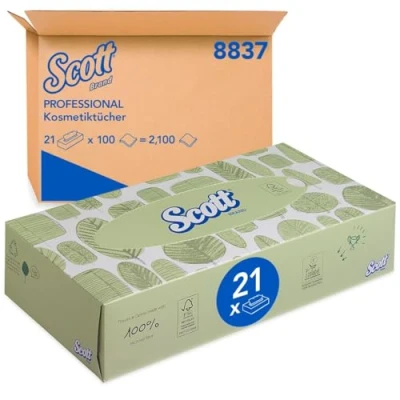 Imagen de Scott Pañuelos Faciales 8837, 2 Capas, Suave y Resistente, 21 Cajas x 100 Blancos (2.100 total)