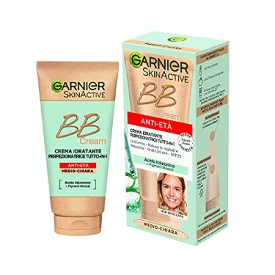 Imagen de Garnier BB Cream antiedad SkinActive, para piel uniforme y arrugas reducidas, aspecto natural, enriquecida con ácido hialurónico, aloe vera pigmentos minerales, SPF 25, tono medio claro