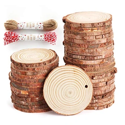 Imagen de 50Pcs Rodajas de Madera Natural 6 7 cm Discos Rebanada Círculos sin acabado Decoracion Navideña con agujero y 20M cuerda para Manualidades