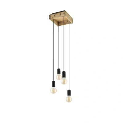Imagen de Eglo lámpara colgante Wootton, iluminación 3 luces vintage, luz de madera en marrón y metal negro, mesa comedor, casquillo E27, L x A 25 cm