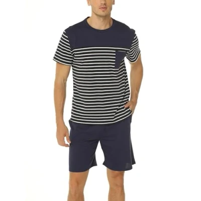 Imagen de Reliwel Pijama Hombre Verano Algodón Camisetas de a Rayas Manga Corta y Pantalones Cortos para Dormir Ropa 2 Piezas con Bolsillos S XXL