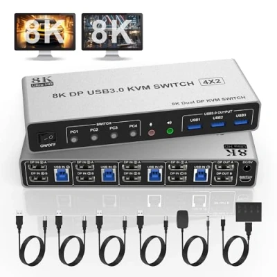 Imagen de 8K@60Hz Displayport USB 3.0 KVM Switch 2 monitores para 4 ordenadores 8K @ 60Hz 4K 144Hz, DP1.4 Dual Monitor puertos con salida de audio y 3 3.0, DP