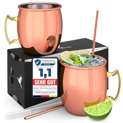 Imagen de Beyond Moscow Mule Juego de 2 tazas cobre con pajitas y caja regalo, diseño Moscú superficie tradicional lisa como taza ginebra cóctel