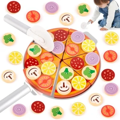 Imagen de TNOMSNO Pizza Juguetes de Madera, Juego para cocinita Infantil Comida Juguete Madera DIY Regalo Niño y Niña 3+ Años