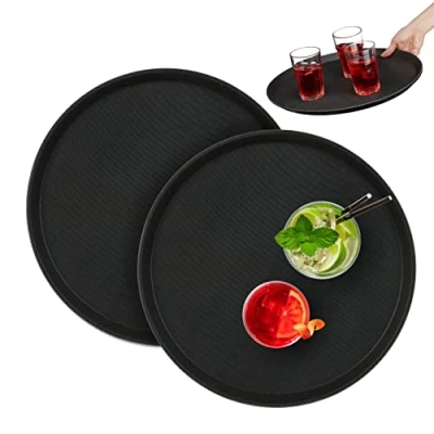 Imagen de Relaxdays Set 2 Bandejas Bar, Redondas 40 cm Ø, Tabla Servir, Superficie Antideslizante, Camareros, Gastronomía, Negro
