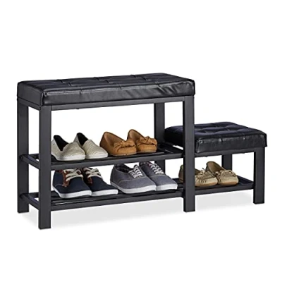 Imagen de Relaxdays zapatero con reposapiés, asiento acolchado cómodo, 2 niveles, para niños, 50 x 30,5 90,5 cm, negro