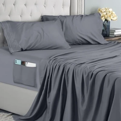 Imagen de Utopia Bedding Juego De Sabanas Bordadas 4 Piezas 180x200 Microfibra Poliéster, Sábana Bajera con Bolsillos Almacenamiento, Plana Y 2 Fundas Almohada (Cama 180, Gris)