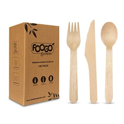 Imagen de FOOGO Green Juego de cubiertos madera desechables 50 tenedores, cucharas, cuchillos Compostables biodegradables ecológicos pícnic fiesta