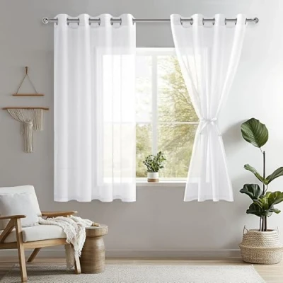 Imagen de DWCN Sheer Cortina de Gasa Transparente con Ojales, 2 Piezas, para salón, habitación bebé, Dormitorio, Color Blanco, 145 x 140 cm (Alto Ancho)