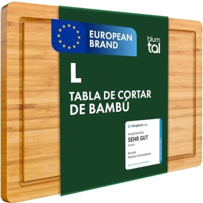 Imagen de Blumtal Tabla de Cocina 100% Bambú Cortar madera Resistente, Antiséptica, 38 x 25 cm