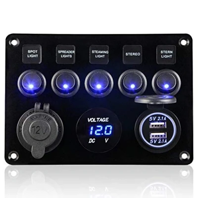 Imagen de Geloo Panel de Interruptores Basculantes 5 Pandillas IP65 Impermeable 12V/ 24V Dual USB Voltímetro LED Digital y Encendedor Cigarrillos para Coche, Barco, Marina, Camiones, Campista
