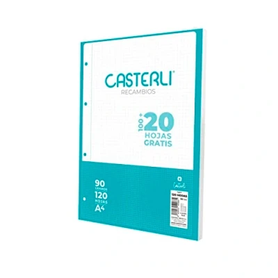 Imagen de CASTERLI 72617 Recambio 120 Hojas con margen. Tamaño A4, 4 Taladros, Papel de 90 gr (CUADROS 4X4 MM, A4)