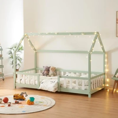 Imagen de [en.casa] Cama para Niños Sisimiut de Madera Pino 90 x 200 cm Infantil con Reja Protectora y Somier Forma Casa Casita Verde Menta/Blanco