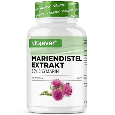 Imagen de Extracto de cardo mariano 365 cápsulas con 500 mg cada una 80% contenido silimarina 12 meses alta dosis vegano
