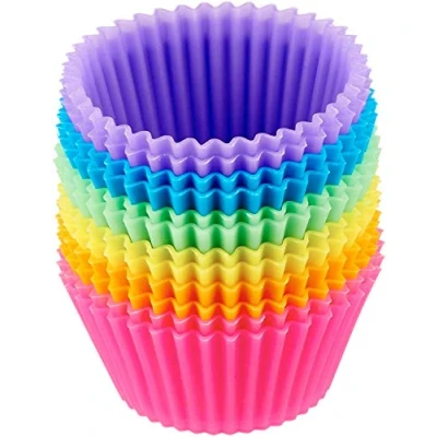 Imagen de Amazon Basics Redonda Moldes Individuales de Silicona para Magdalenas, Reutilizables, Paquete 12 (Aptos Horno hasta 220 C), Multicolor