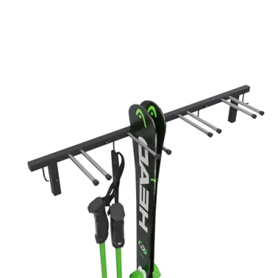 Imagen de QLS Handels Soporte para esquís S3 de pared, 4 pares, 83 cm, bastones senderismo nórdico, barra ganchos con goma protectora ahorrar espacio
