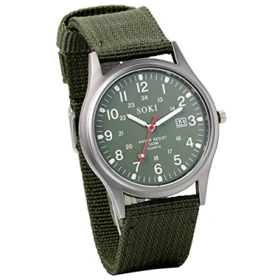 Imagen de JewelryWe Reloj de Caballero Cuarzo con Correa Nylon, Calendario Estilo Militar Army, Regalo para Hombre, Verde