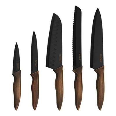 Imagen de hecef 5 Piezas Cuchillos Cocina Profesional, Set Acero Inoxidable Negro, Cuchillo Chef para Pan, Santoku, Multifuncional, de Pelar