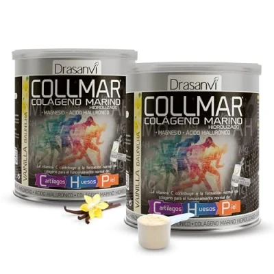 Imagen de Drasanvi COLLMAR Colageno Marino Hidrolizado con Magnesio, Acido Hialuronico y Vitamina C para cartílagos, huesos piel Máx. Asimilación 9.717 mg/día 2 x 300 g de polvo Sabor Vainilla