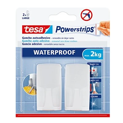 Imagen de Gancho de plástico rectangular tesa powerstrips Waterproof, 2 ganchos + 4 tiras toallitas