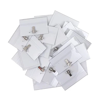 Imagen de Belle Vous Pack de 50 Funda Tarjeta Identificación Horizontal Porta Nombres Clip 90 x 56 mm Placas Identificativas PVC Transparente Resistente al Agua Escuela, Empresa, Conferencia, Visitante