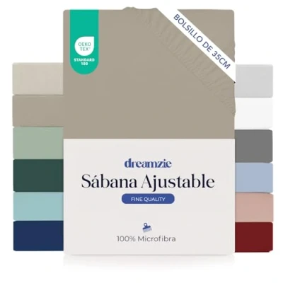Imagen de Dreamzie Sabanas 90x190 cm Esquinas de 35 para Colchones Gruesos 100% Microfibra, Lino, Certificada sin Productos Químicos (Oeko Tex), Bajeras Completamente Elásticas
