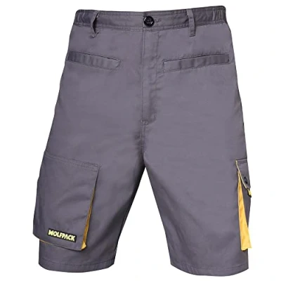 Imagen de WOLFPACK LINEA PROFESIONAL Pantalones Cortos DeTrabajo, Multibolsillos, Resistentes, Gris/Amarillo Talla 54/56 XXL
