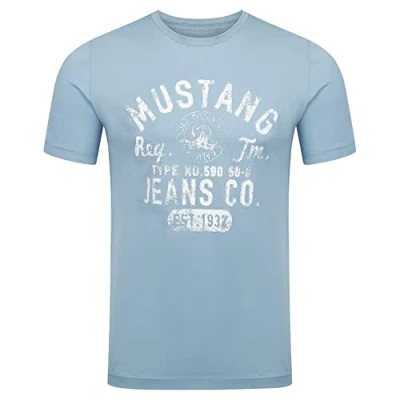 Imagen de MUSTANG camiseta para hombre de corte regular, cuello redondo, manga corta, verano, algodón con logotipo impreso, algodón, negro, blanco, azul, gris, verde, S, M, L, XL, 2XL,