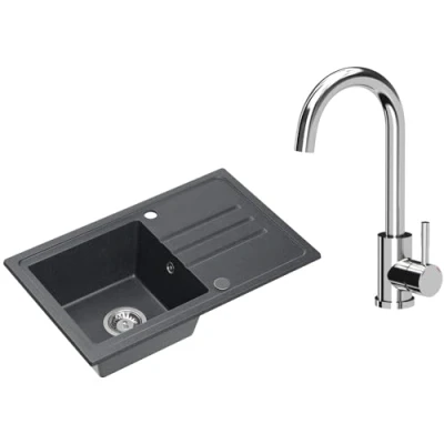 Imagen de VBChome Fregadero de granito negro con grifería, 70 x 44 cm, empotrable, reversible, granito, negro, cromado