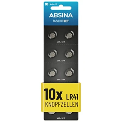 Imagen de ABSINA 10x Pilas LR41 Boton AG3 1,5V, alcalina, a Prueba de Fugas y Larga duración LR736 / L736 L736F G3 192 GP192 RW87 para termometro Digital, Pila AG3, Bateria