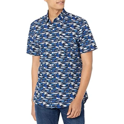 Imagen de Amazon Essentials Camisa de Corte Ceñido con Mangas Cortas, Botones y Estampado Hombre, Azul Pez, XXL