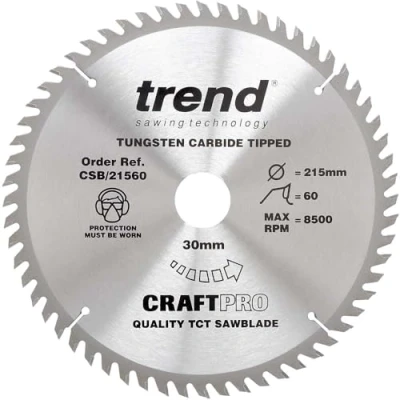 Imagen de Trend CraftPro Hoja de sierra circular TCT, 215 mm diámetro x 60 dientes 30 interior, punta carburo tungsteno, CSB/21560