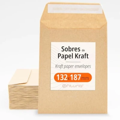 Imagen de Sobres de Papel Kraft con Tira Silicona para Invitaciones o Bolsitas regalo invitados en Bodas, Comuniones Bautizos. joyas semillas Ofituria (132x187mm, 2000 sobres)