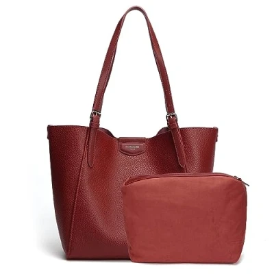 Imagen de David Jones Bolso de mano para mujer piel sintética suave Bolsa trabajo compras gran tamaño A4 asas largas Shopper 2 piezas con estuche, rojo, talla única,