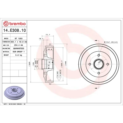 Imagen de BREMBO 14.E308.10 Tambor de Freno sin juego cojinetes rueda 203,1 PEUGEOT: 206 Hatchback, SW, 1007 CITROËN: C3 I Hatchback