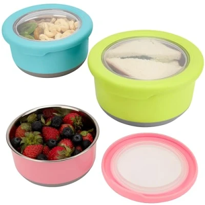 Imagen de BELLE VOUS Pack de 3 Recipientes para Alimentos Acero Inoxidable y Silicona 420 a 1200 ml Envases Portátiles Libre BPA con Tapa Hermética Apto Lavavajillas Congelador