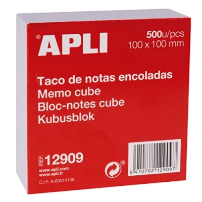 Imagen de APLI 12909 Taco de notas encoladas (100 x 100 mm) 500 hojas, Blanco