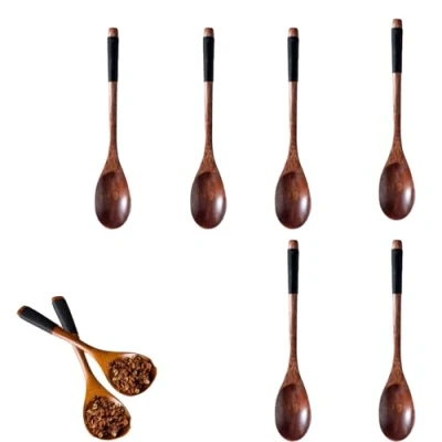 Imagen de 6 Piezas Cucharas de Mezcla Madera Natural, Cuchara Mango Largo, Sopa Madera, Aplicar para comer Mezclar, Cocinar y Mezclar(Marrón)