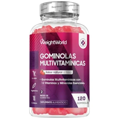 Imagen de Gominolas Multivitaminas y Minerales 120 Gomitas Sabor Fresa Con 13 Vitaminas Esenciales como Vitamina D3, A, C, B6, B12, E, Biotina, Zinc Ácido Fólico Más para 2 Meses de Beneficios