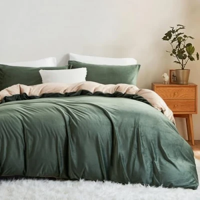 Imagen de Lanqinglv Ropa de Cama mullida 135 x 200 cm, Color Verde y Beis, para Invierno, Felpa, Franela Reversible, con Tacto Cachemira, Funda nórdica Cremallera 1 Almohada 80