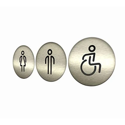 Imagen de DOJA BARCELONA Cartel para Baño Hombre + Mujer Discapacitado Color Plateado 100mm Diámetro Simbolo Adhesivo WC Puerta Placa Pegatina Aseo, Aseos Cartel, Señal de Lavabo