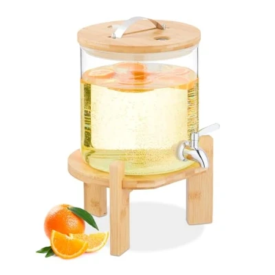 Imagen de Relaxdays Dispensador Bebidas Frías y Calientes, Grifo, Soporte Bambú, Termómetro, Recipiente Limonada 5 L, Transparente