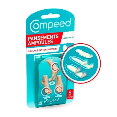 Imagen de Compeed® apósitos de 3 tamaños (2 unidades, medianas, 2 pequeñas, 1 dedos, 5 hidrocoloides, curación rápida, cuidado los pies, caja